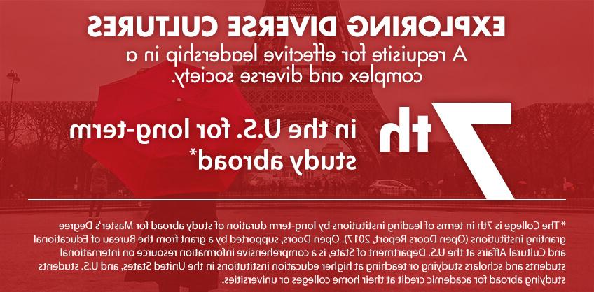 Graphic of: Exploring Diverse Cultures. A requisite for effective leadership in a complex and diverse society. Seventh in the U.S. for long-term study abroad.