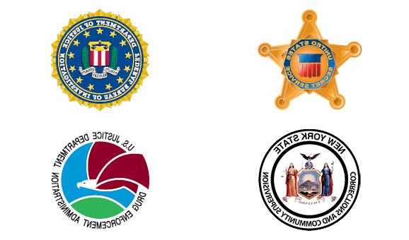 Logos of 刑事司法 Careers: United States Secret Service, 美国联邦调查局, NYS修正, 美国缉毒局 