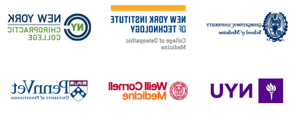 Logos of pre-health post-graduate opportunities: Georgetown Medical School, 纽约 Institute of Technology College of Osteopathic Medicine, 纽约 College of Chiropractic Medicine, 纽约大学, 康奈尔大学医学院, University of 宾西法尼亚 School of Veterinary Medicine